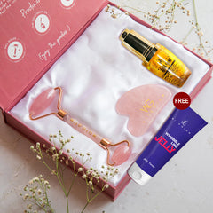 Brazilian Rose Quartz Face Roller & Gua Sha Set with 24K Gold Serum for Contoured, Youthful Skin & Radiant Glow