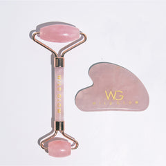 Brazilian Rose Quartz Face Roller + Gua Sha Set for Contoured Look & Youthful skin