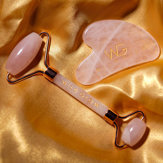 Brazilian Rose Quartz Face Roller + Gua Sha Set for Contoured Look & Youthful skin